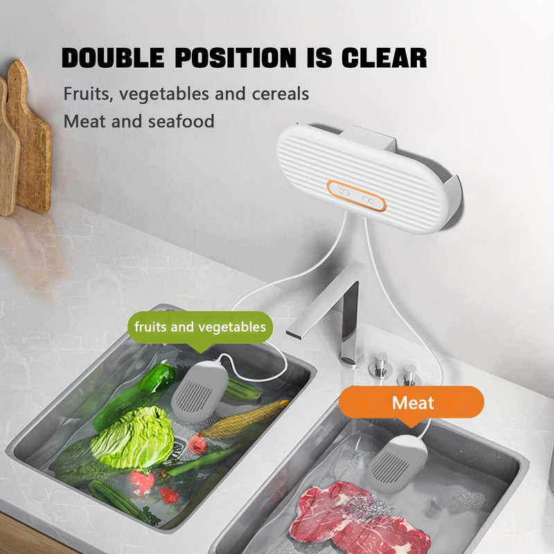 Lavadora de alimentos de doble compartimento USB, limpiadora de cocina portátil para carne y verduras, diseño de montaje en pared/escritorio, hoja giratoria de 360°, dispositivo de limpieza eficiente para uso doméstico, limpiadora de verduras.