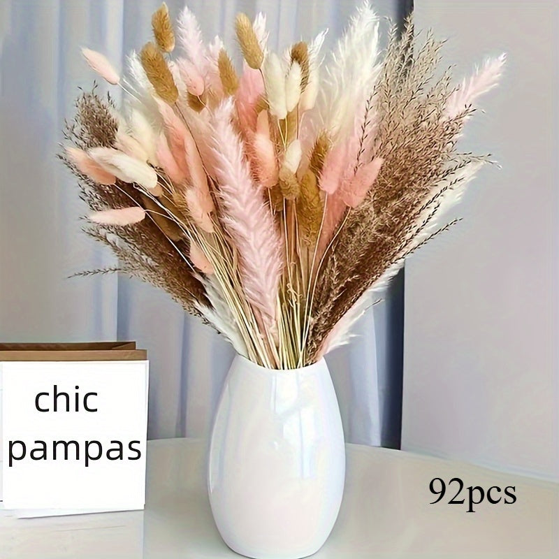 92 piezas de pasto pampas bohemio con colitas de conejo rosadas y mezcla de cañas - Flores artificiales para bodas, decoración del hogar y jardín, adornos colgantes de ratán, perfectas para primavera, Pascua, cosecha de otoño y bodas boho, decoración est