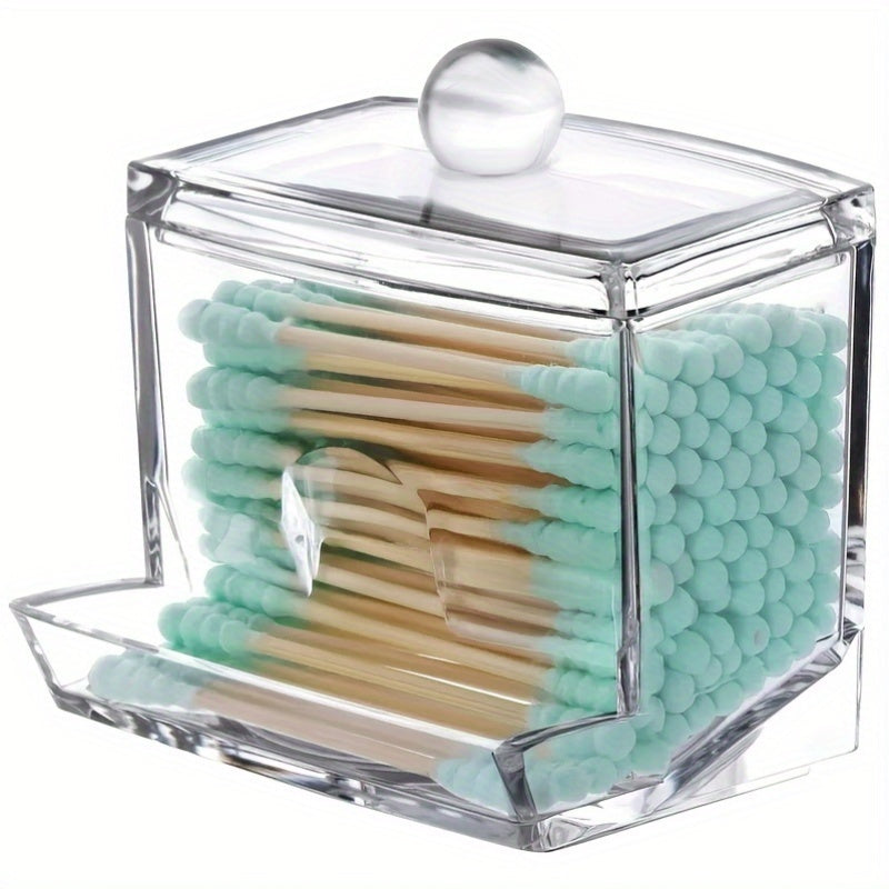 1pc Soporte de bastoncillos de algodón de gran capacidad, contenedor de almacenamiento de plástico transparente con dispensador de fácil acceso, sin perfume, organizador que ahorra espacio para encimeras de baño, suministros para el hogar y la cocina