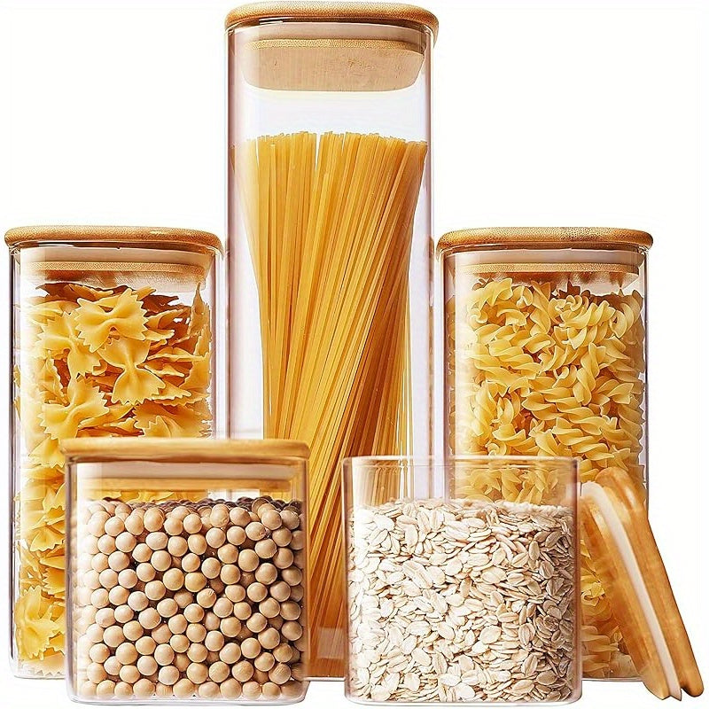 Tarros de Vidrio para Almacenamiento de Comida, Set de 7 Contenedores con Tapas Herméticas de Madera y Bambú para Pasta, Galletas, Frutos Secos, Granos de Café, Cereales, Tarros de Vidrio para Cocina, Organización del Despensa, Libre de BPA