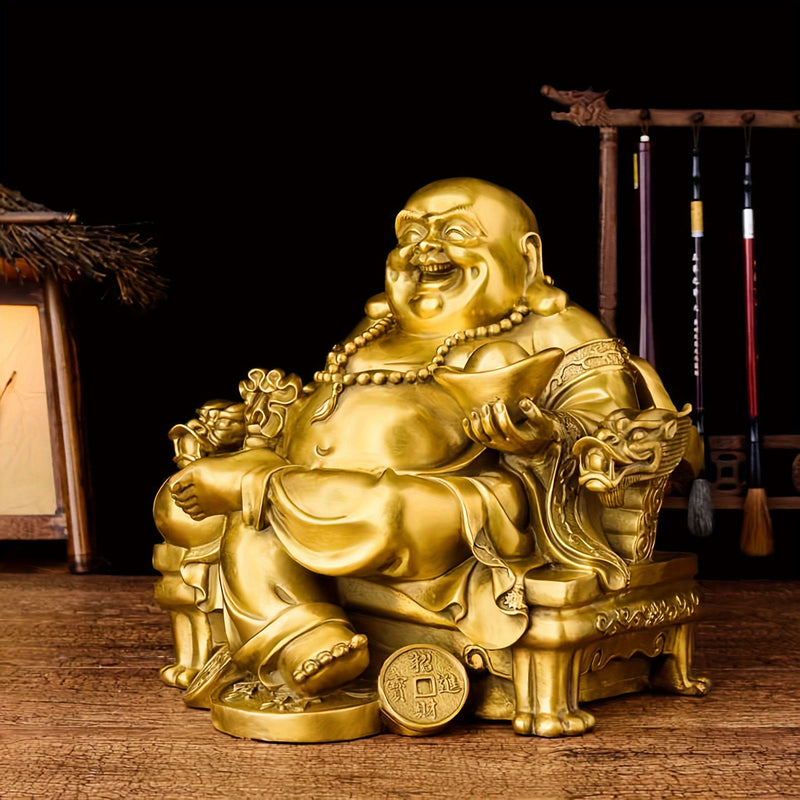 1 pza., Estatua de resina para la suerte y la felicidad, riendo en la silla del dragón del emperador, estatuas y esculturas de latón decoración del hogar, regalos para el año nuevo chino/día de San Valentín/día de la madre/día del padre/cumpleaños