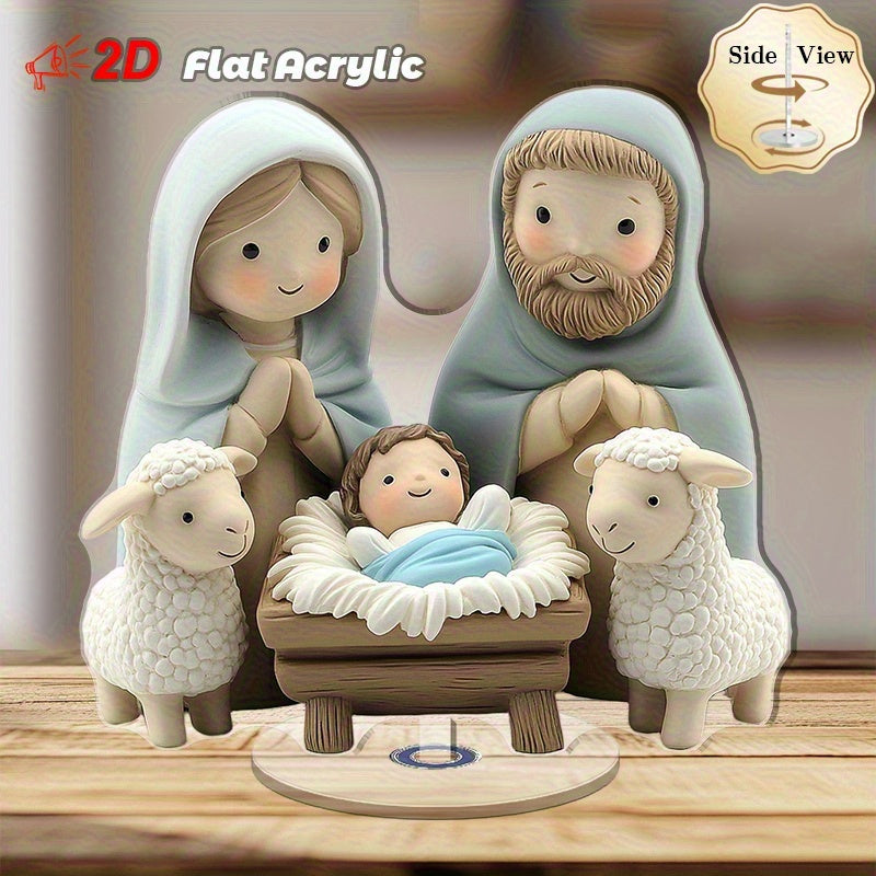 Decoración navideña de mesa 2D acrílica plana con diseño sereno de María, José y el niño Jesús junto a ovejas - ideal para decoraciones familiares en interiores y exteriores, regalos festivos perfectos para Navidad