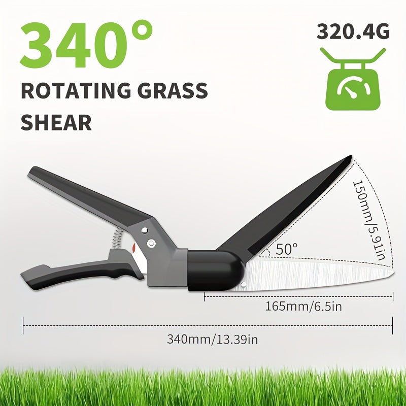 Cortacésped manual de mano de 7 pulgadas con hoja de rotación de 340°, tijeras de jardín manuales, diseño antideslizante para recortar césped con precisión, podar plantas y recoger frutas.