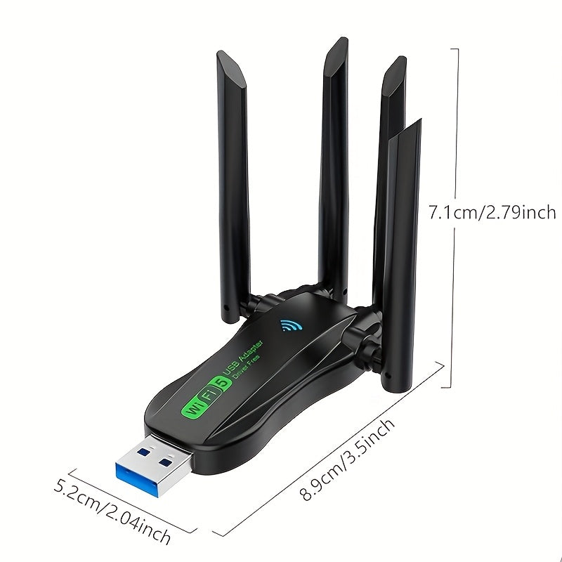 Adaptador Wifi de doble banda 2.4G/5.8G con 1300Mbps, interfaz USB, fuerte penetración de pared, cuatro antenas, internet de alta velocidad, baja latencia y acceso a internet en cualquier momento y lugar.