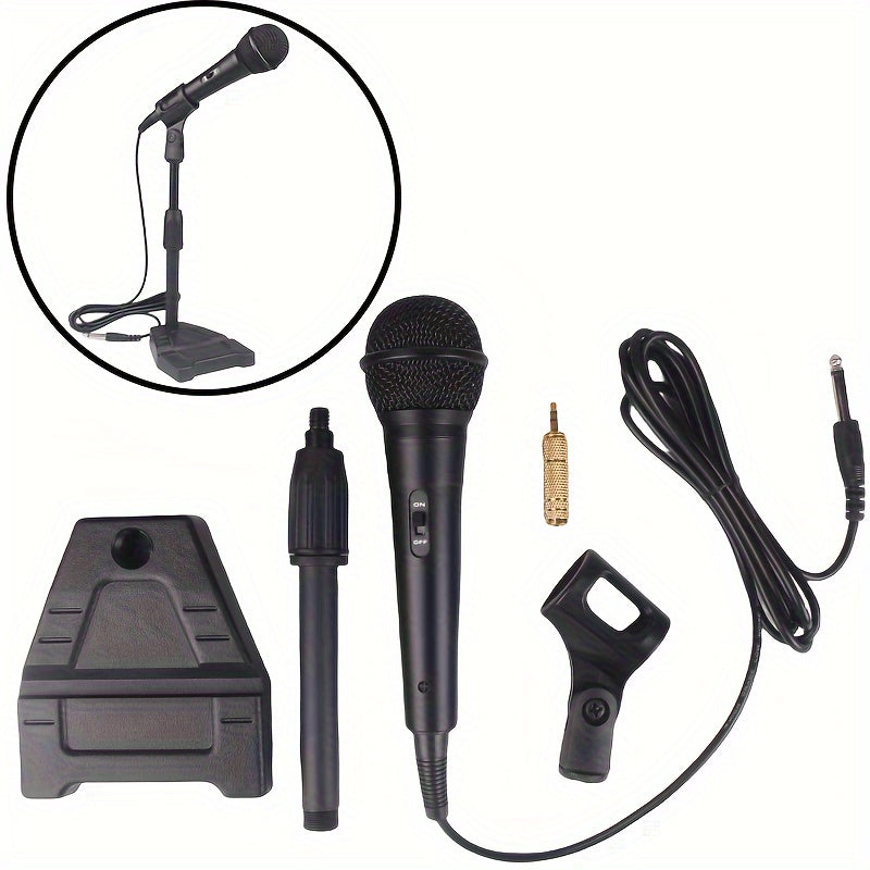 Conjunto de soporte de micrófono de bobina de movimiento con cable profesional, micrófono portátil, micrófono dinámico de mano universal con enchufe de 6,35 mm/0,25 pulgadas y adaptador de 3,5 mm/0,138 pulgadas. Adecuado para teclados electrónicos, instr