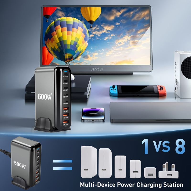 1pc de nuevo cargador rápido USB tipo C Gan de 600 W con carga rápida 3.0 para dispositivos móviles, con 8 puertos y 5C3A PD, fácil de transportar, adecuado para la carga de tabletas.