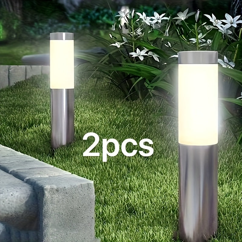 Juego de 2 luces de jardín LED alimentadas por energía solar - Hechas de acero inoxidable, adecuadas para iluminación de jardín y camino al aire libre, con un diseño de estaca de suelo.