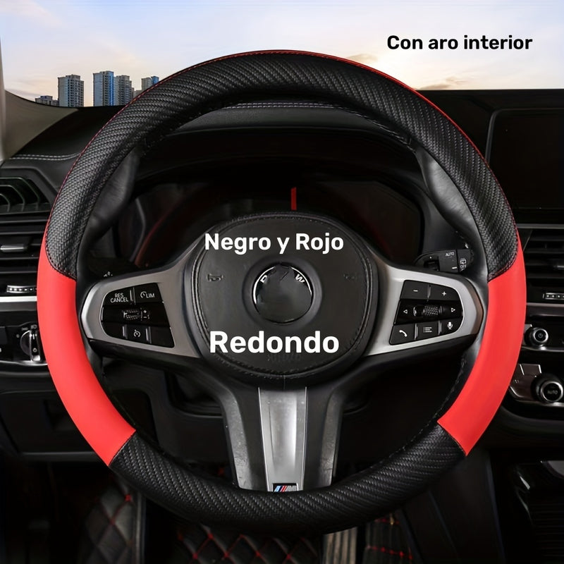 Funda de Volante de Fibra de Carbono Negro y Rojo con Anillo Interior - Cuero PU Antideslizante para Todas las Estaciones, Diseño Deportivo Elegante para Mayor Agarre y Comodidad