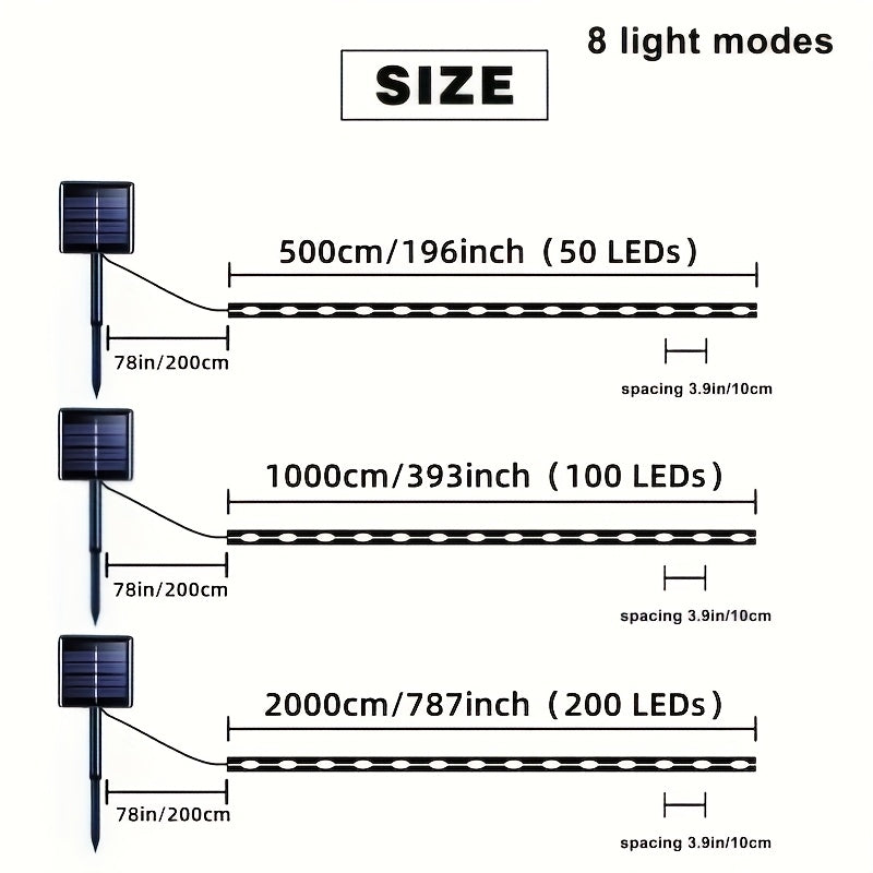 Tira de luces LED solares para exteriores, 8 modos, luces decorativas para jardín, fiestas, Navidad, árbol de Navidad, Halloween, bodas y decoración de patio