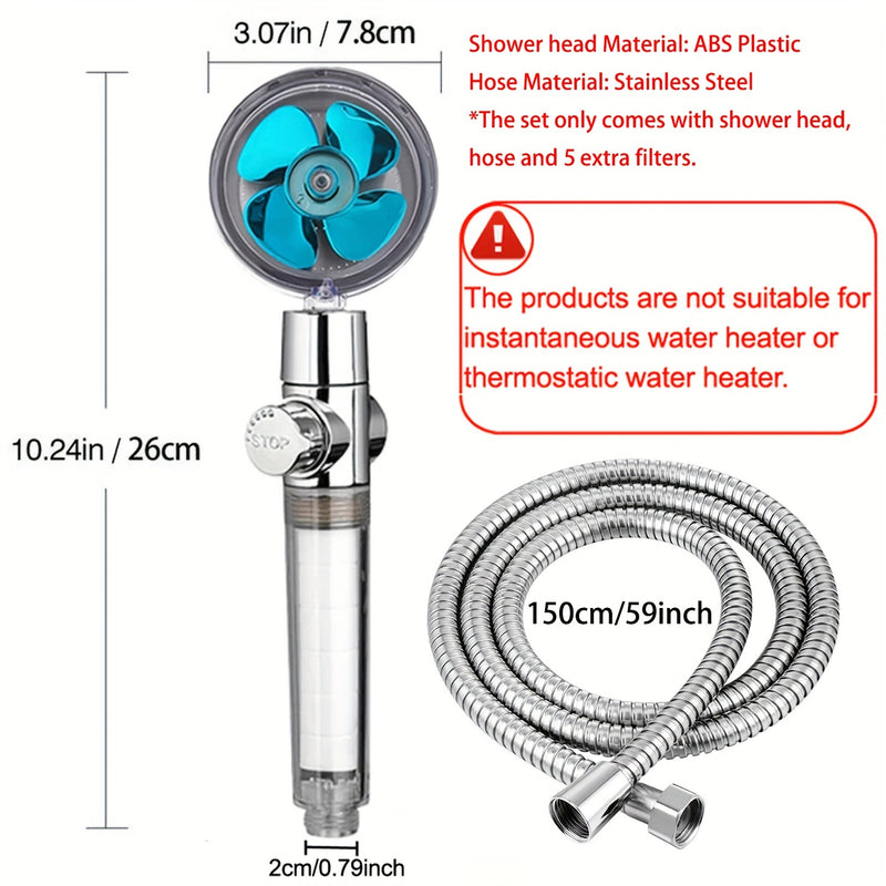 Conjunto de cabezal de ducha turbo de mano de alta presión con manguera de acero inoxidable de 59 pulgadas, 5 repuestos de filtro de algodón PP, flujo de agua ajustable con botón de parada, cabezal de ducha filtrado giratorio de 360 grados, accesorios de