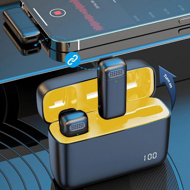 Micrófono de solapa inalámbrico para iPhone y Android, sistema de doble micrófono con clip, entradas Lightning y USB-C, y estuche con batería para grabación de videos en vivo