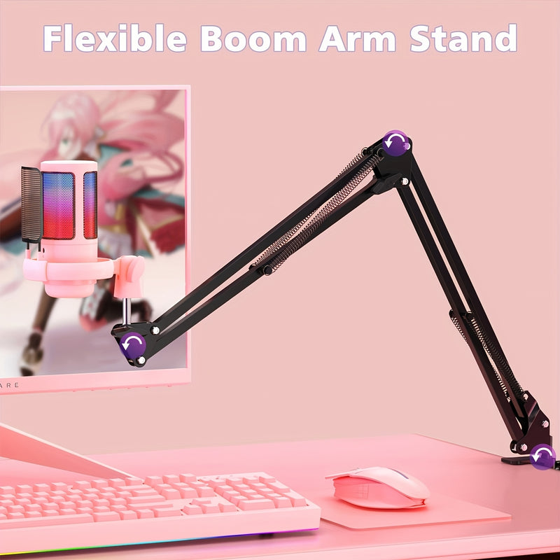 Soporte de micrófono Gaming Boom, micrófono de condensador de escritorio USB con kit de soporte, Plug And Play, silencio/tacto de monitoreo, control de ganancia, luces RGB, toque, silencio, monitoreo instantáneo, control de voz de juego, adecuado para PC
