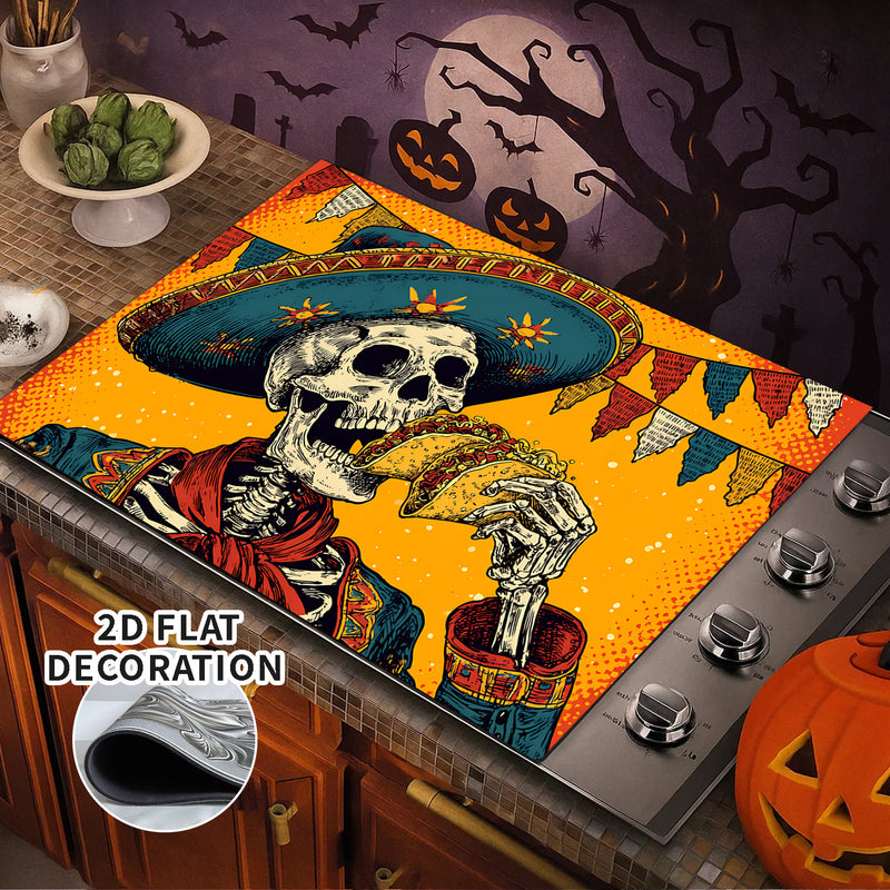1pc Decoración de Estufa para Halloween - Esqueleto Mexicano, Revestimiento Antideslizante de Goma, Cubierta Plana Fácil de Instalar para Cocinas Eléctricas/Gas - Protector de Electrodomésticos y Decoración Festiva, Pieza Duradera en 2D