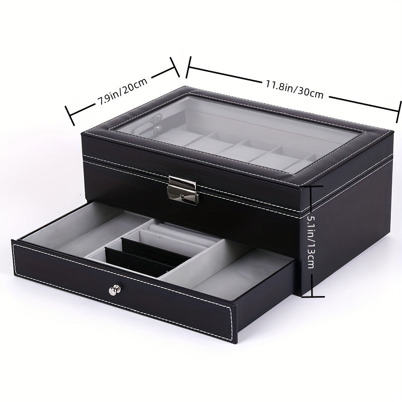 1 Pieza, Caja De Almacenamiento De Reloj Con Cerradura De Cuero PU De 12 Ranuras, Caja De Exhibición De Joyería Para Hombres Y Mujeres Con Cajón, Caja De Exhibición De Gafas De Reloj De 2 Capas Con Cubierta De Vidrio