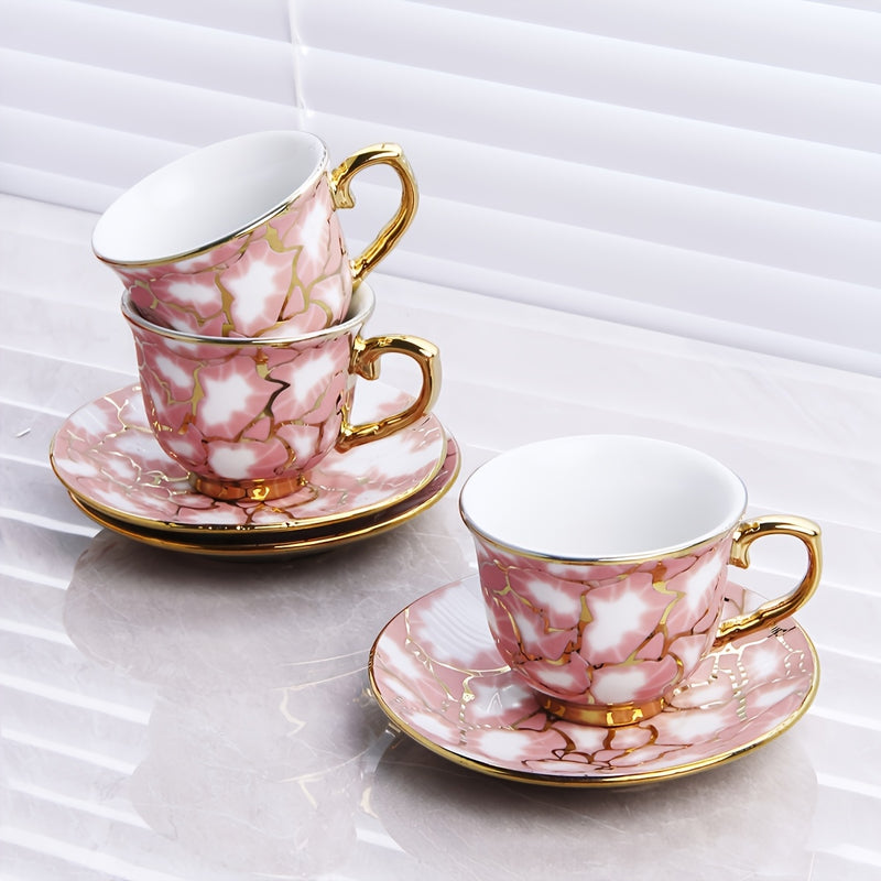 Juego de 6 tazas de café de cerámica estilo europeo con plating, diseño elegante azul y dorado, solo lavado a mano, reutilizable, uso múltiple, incluye salseras y tazas que se ajustan, accesorio para bar de café.