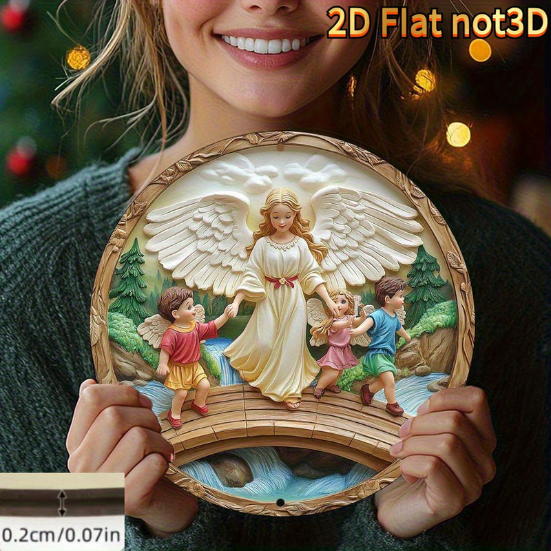 Arte de Pared Redondo de Madera con Ángel Guardián 2D Plano - Escena de Ángel y Arroyo, Perfecto para el Hogar, Oficina o Regalos del Día de San Patricio, Día de San Valentín, Decoración de Ángeles, 2D Plano