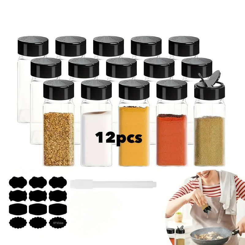 Juego de 12 frascos de especias de plástico cuadrados con tapas de ala de gaviota negras, incluye 1 bolígrafo de papel y 12 etiquetas, contenedores rectangulares a prueba de fugas, reutilizables, lavables a mano para la organización de especias de cocina