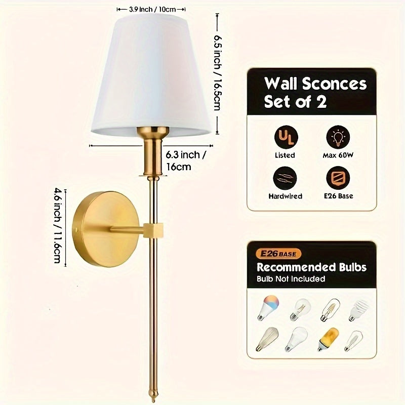 2pcs 2pcs lámpara de pared industrial retro con pantalla de tela blanca, simple y moderna compatible con bombillas E26/E27, adecuada para iluminación comercial en dormitorios, salas de estudio, salas de estar, comedores, cafeterías, etc. (bombilla no inc