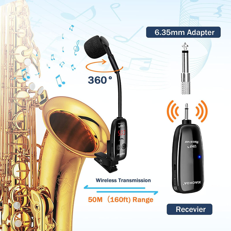 Micrófono Inalámbrico para Instrumentos, Sistema de Micrófono Inalámbrico UHF para Saxofón, Trompetas, Clarinete, Violonchelo - Receptor y Transmisor