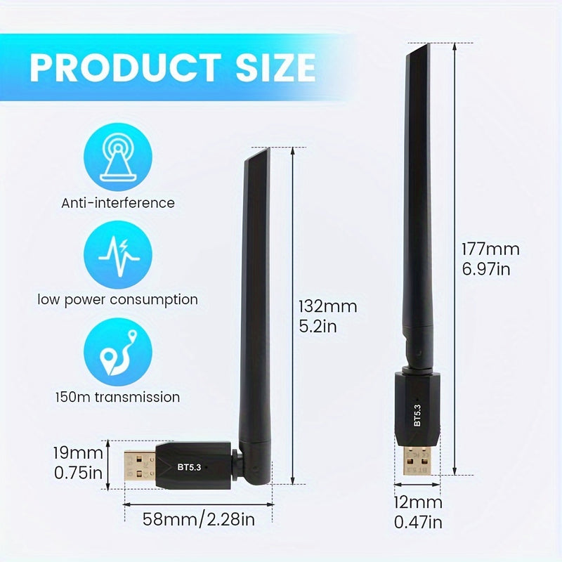 Adaptador USB Realtek BT5.3 para PC - Alcance Largo de 492 pies/150 metros, Transferencia Rápida de Datos de 3Mbps, Conectar y Usar, Modo Doble EDR & BLE, Compatible con Windows 11/10/8.1/7, Conecta 5 Dispositivos, Adaptador Plug and Play | Alto Rendimie