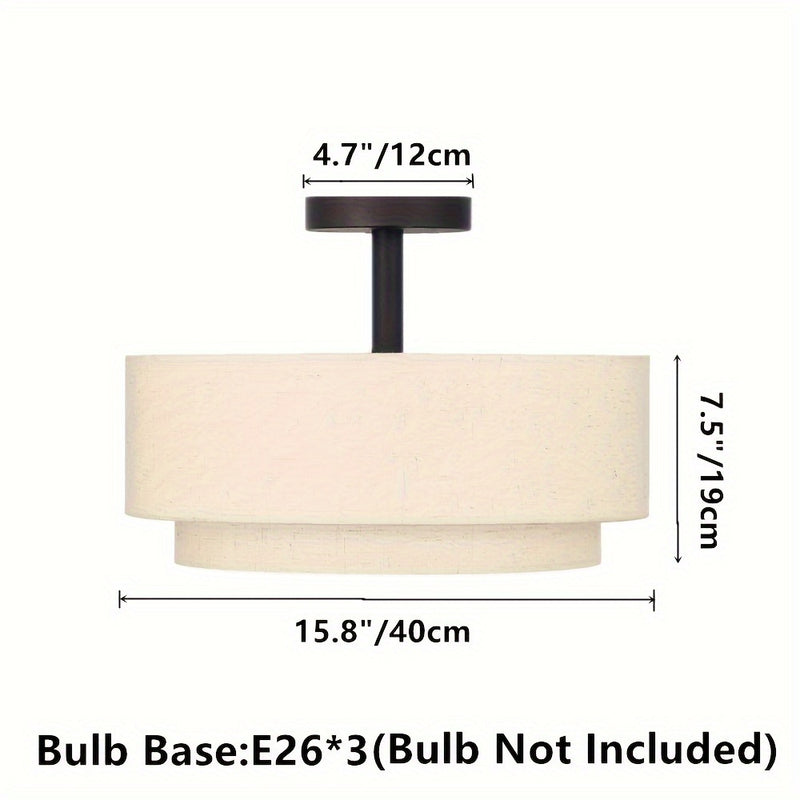 3 luces de montaje semi empotrado, luminaria de techo cercana con pantalla de tela, latón dorado retro, luz de tambor semi empotrado de 15.7 pulgadas para dormitorio y sala de estar