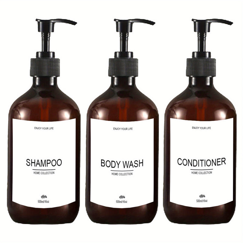 3pcs Botellas dispensadoras recargables de champú, acondicionador y gel de baño con bomba, contenedor dispensador de loción para baño con etiquetas impermeables de 500 ml / 16.9 oz, decoración del hogar, muebles para el hogar