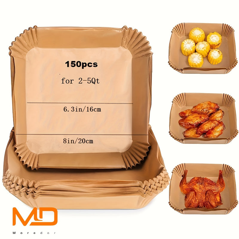 Revestimientos de papel desechables para freidora de aire de 50/150 piezas cuadrados, papel de pergamino antiadherente, revestimientos para freidora de aire, a prueba de aceite e impermeables, revestimiento de papel para hornear horno microondas