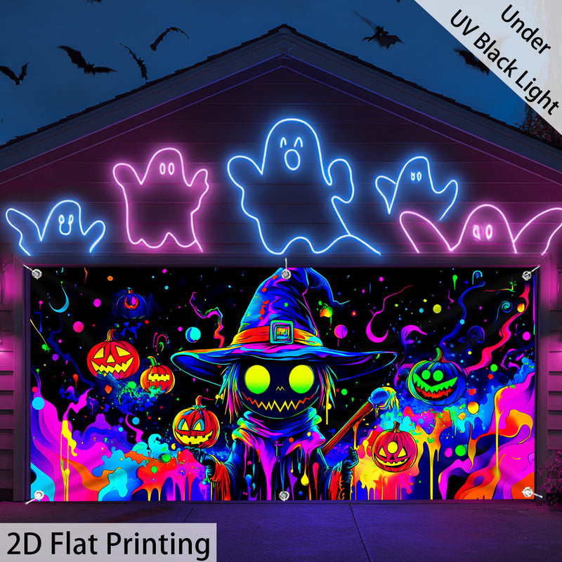 Una figura de calabaza vibrante de tamaño grande que brilla bajo luz UV, perfecta para Halloween. Esta decoración de puerta de garaje de poliéster sirve varios propósitos festivos y es adecuada para decorar el hogar y el jardín. Es fácil de colgar (la im