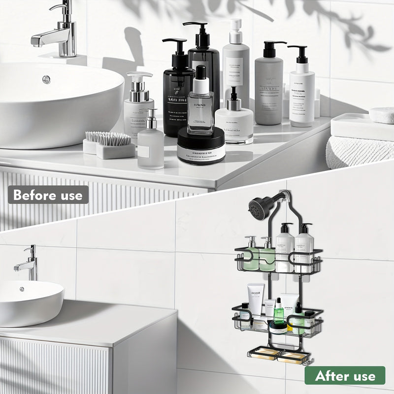 Organizador de Baño Colgante Ajustable de 3 Niveles en Negro con Ventosas - Sin Taladro, con Ganchos y Plato para Jabón, Soporte de Ducha, Cesta