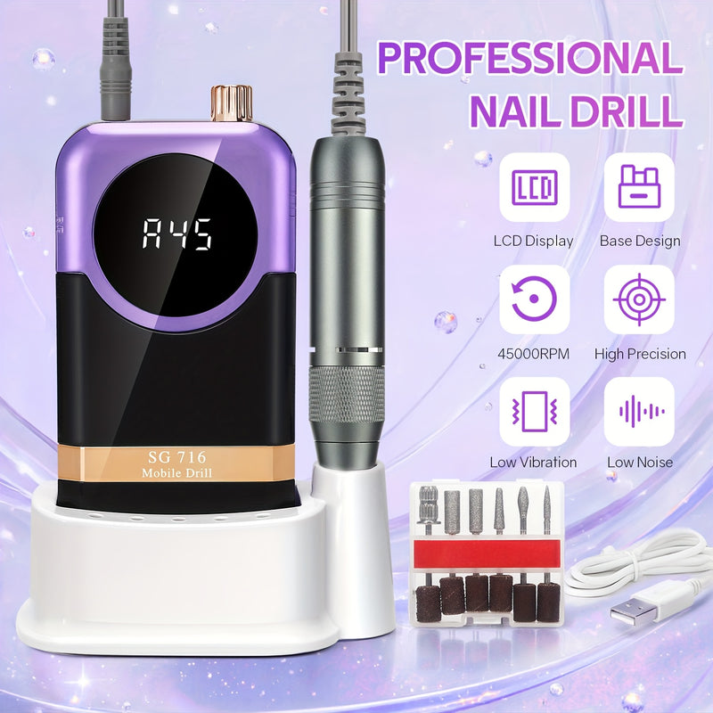 Fijas de uñas eléctricas de 45000 RPM, pulidor de esmalte de uñas inalámbrico, recargable, ruidoso bajo, para manicura, salón de belleza.