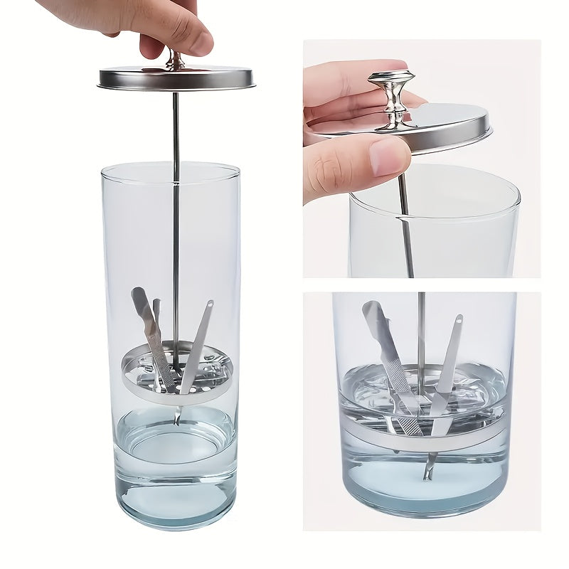 Botella de desinfección de vidrio para herramientas de belleza, salón de peluquería y cuidado de uñas - Esterilizador transparente con tapa azul, ideal para uso en salón, uñas y cuidado personal, accesorio para salón de uñas | Diseño transparente | Mater