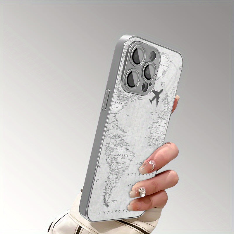 Fundas de Teléfono TPU Electroplateadas con Patrón Creativo de Vuelo en Mapa Gris y Protección para Lente para iPhone 16/16Pro/16ProMax/16Plus/16e, 15/15Plus/15Pro/15ProMax, 14/14Plus/14Pro/14ProMax, 13/13Pro/13ProMax, 12/12Pro/12ProMax, 11/11Pro/11ProMa