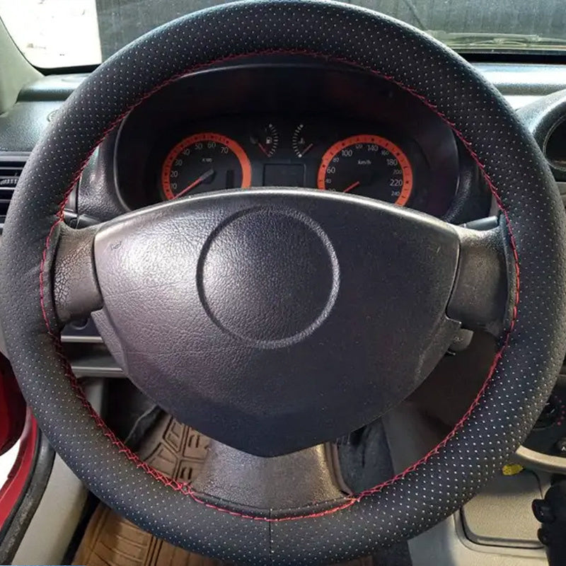 Funda para volante de imitación cuero premium con malla transpirable, costura a mano, ajuste perfecto y duradero, accesorio para interior de auto, negro con costuras rojas para mejor agarre, cubierta para volante, accesorio para vehículo, diseño elegante