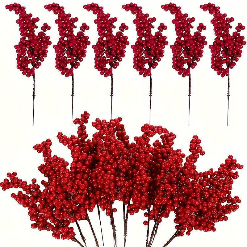 10 tallos de bayas artificiales rojas vibrantes - Ideal para decoración de árbol de Navidad y fiestas, no requiere energía