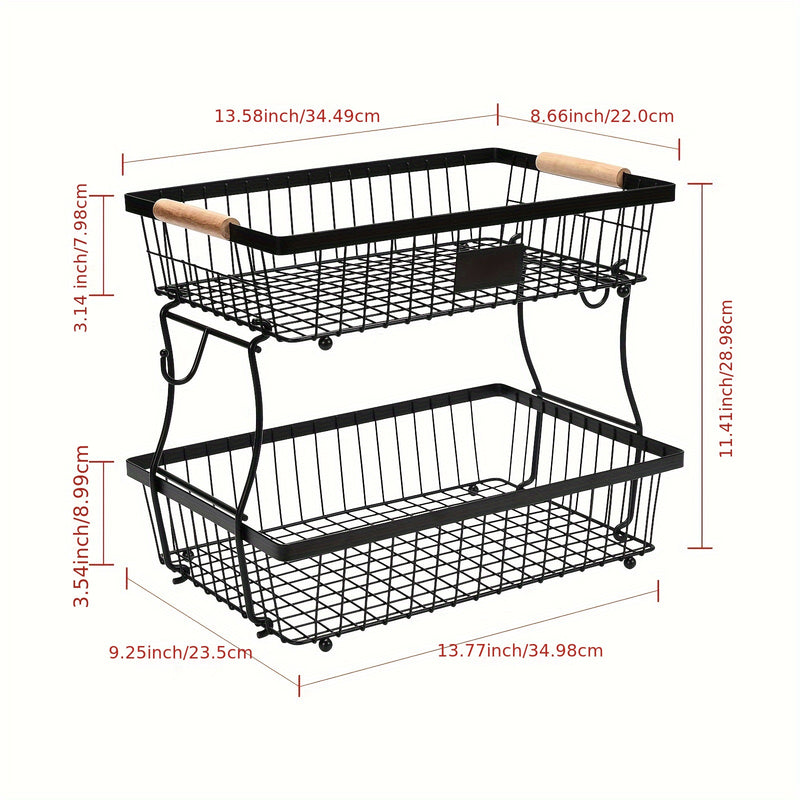 Cesta de frutas de 2 niveles con ganchos para plátanos - Estante de almacenamiento de alambre negro duradero para encimera de cocina, perfecto para frutas, verduras, snacks, café, cuidado de la piel y toallas, solución de almacenamiento de cocina | Acces
