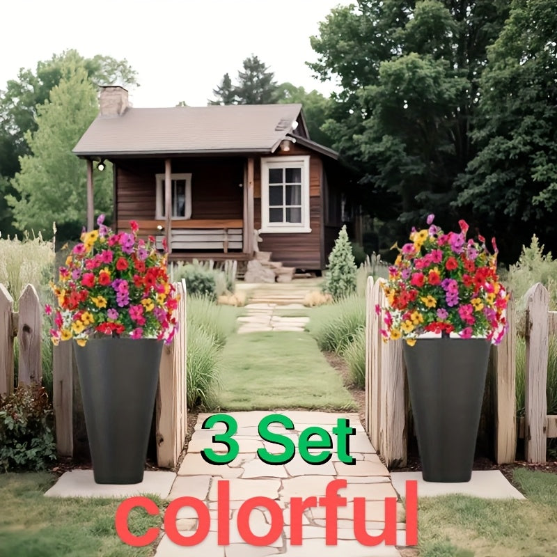 Tres conjuntos de árboles de imitación vibrantes para exteriores, con pernos para decoración de hogar, jardín e interiores, arreglos artificiales de violetas de larga duración, plantas de imitación decorativas adecuadas para terrazas, porches y patios.
