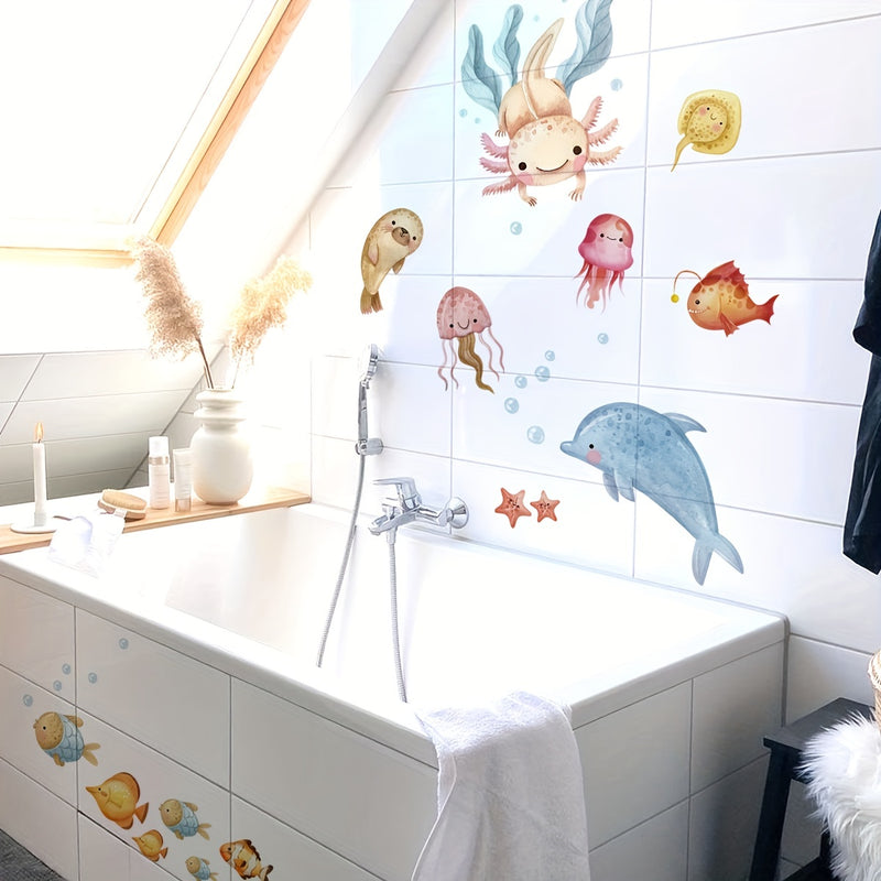 1 Pegatina De Decoración De Hierba De Agua De Animales De Fondo Marino, Pegatinas Decorativas De Animales Submarinos Coloridos Para Bañera, Apliques De Bañera De Plástico