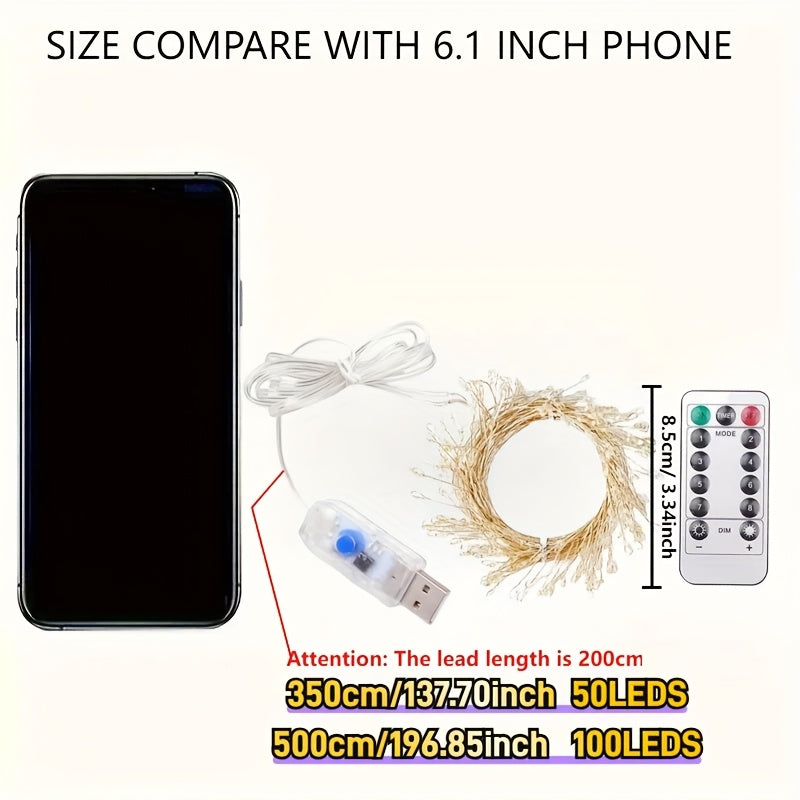 1 pieza, Luz Cálida de Fuegos Artificiales con 100 LED, Cadena de Luces con Cable USB y Alambre de Cobre, Luces de Fuegos Artificiales para Fiesta Interior, Navidad, Árbol de Navidad, para Acción de Gracias