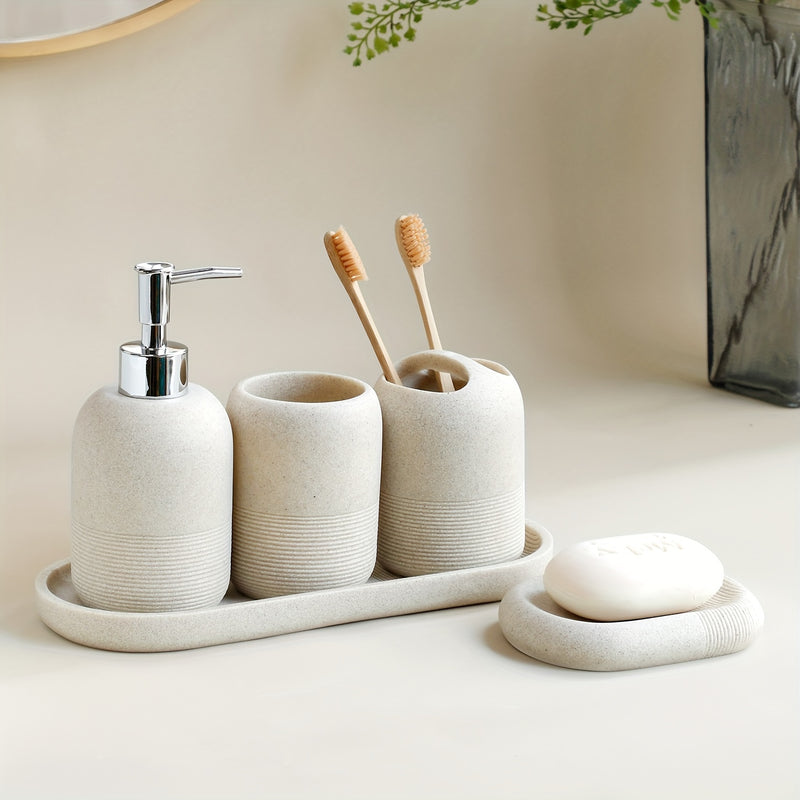 Juego de baño de 5 piezas: dispensador de jabón, taza para enjuague bucal, soporte para cepillos de dientes, jabonera, bandeja con patrón de arenisca amarilla