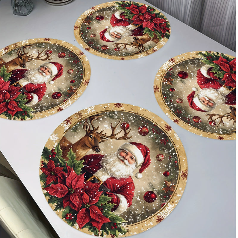 Set de 4 manteles individuales redondos con temática navideña - Manteles de mesa de poliéster tejido con diseño de Papá Noel, reno y flor de pascua, antideslizantes, lavables a mano, decoración festiva para mesa de comedor 38,1 cm