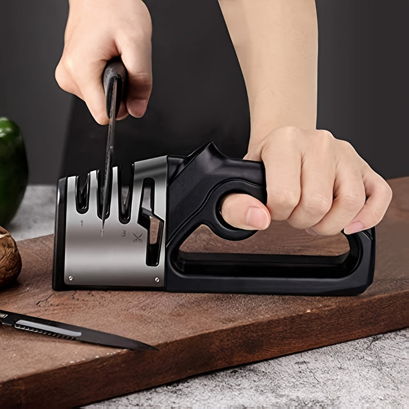 1 pieza de afilador de cuchillos portátil ZOKONI - Precisión de 4 grados, acero de tungsteno y diamante, afilado grueso, medio y fino, mango ergonómico negro para cuchillos de cocina, tijeras, herramientas de jardín - Afilador manual multifuncional, afil