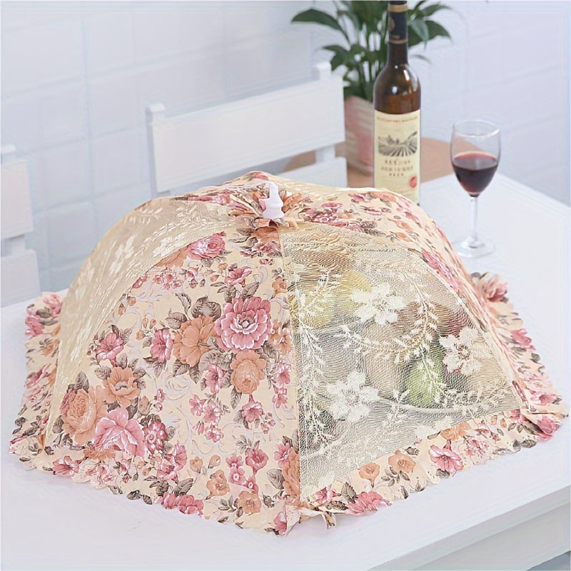 Cubierta de comida plegable con diseño floral, gran capacidad, redonda y rectangular, tejido no alimenticio con detalle de hilo metálico, perfecto para comer al aire libre y pícnic, mantel de pícnic | Decoración de mesa elegante | Detalle de hilo metálic