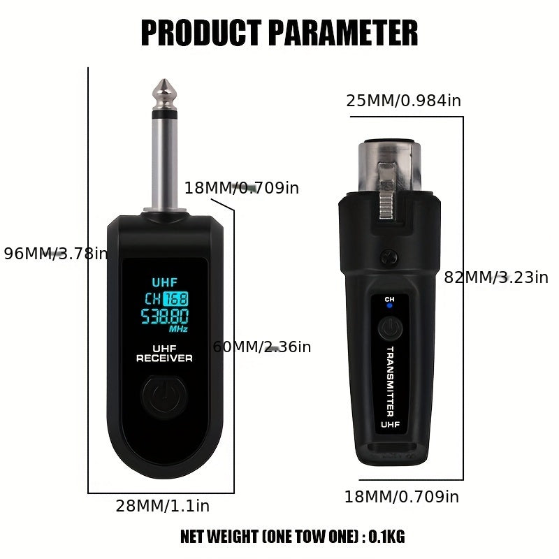 Transmisor y Receptor sin varillas NXG 2pcs/1pc, Sistema Compatible con Micrófonos XLR, Conector Jack de 6.35mm, Transmisión Larga Distancia 2.4GHz, Recargable USB para Micrófonos Condensador y Dinámicos