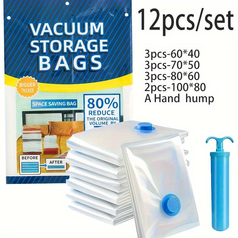 Juego de 12 Bolsas de Almacenamiento al Vacío, Combo de Tamaños Variados con 1 Bomba Manual, Paquete para Compresión de Ropa Navideña, Organizador Portátil de Plástico para Viajes para Mantas, Ropa de Cama, Edredones y Colchas, Bolsas Esenciales Ahorrado