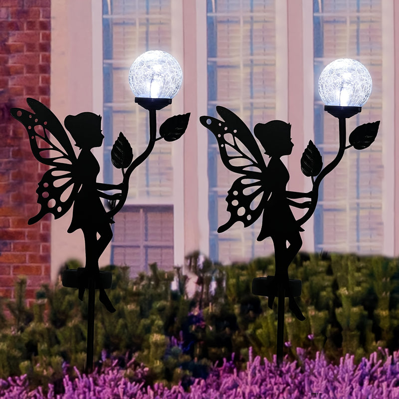 2 Piezas de Decoración Solar para Jardín de Hadas, Estatuas de Metal con Globos de Vidrio Craquelado y Luces, Silueta IPX4 para Exteriores, Patio, Jardín, Caminos, Regalos de Jardinería para el Día de la Madre, Decoración para Exteriores y Césped
