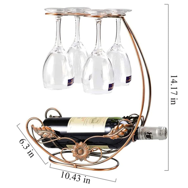 Soporte de botella de vino vintage y vaso con diseño metálico ornamentado - Alberga 1 botella y 4 vasos con tallo, ideal para decoración del hogar, fiestas y regalos de vacaciones, decoración de botella de vino.