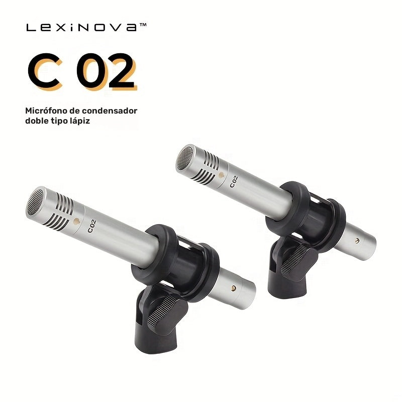 Conjunto de Micrófono Condensador Lexinova C-02 Dual Pencil - Antigolpes, Diafragma Pequeña, Diseño de Clip para Grabación de Piano y Voz, Compatible con XLR, Grado Profesional, Micrófonos para Instrumentos|Micrófonos Clipon|Construcción Duradera
