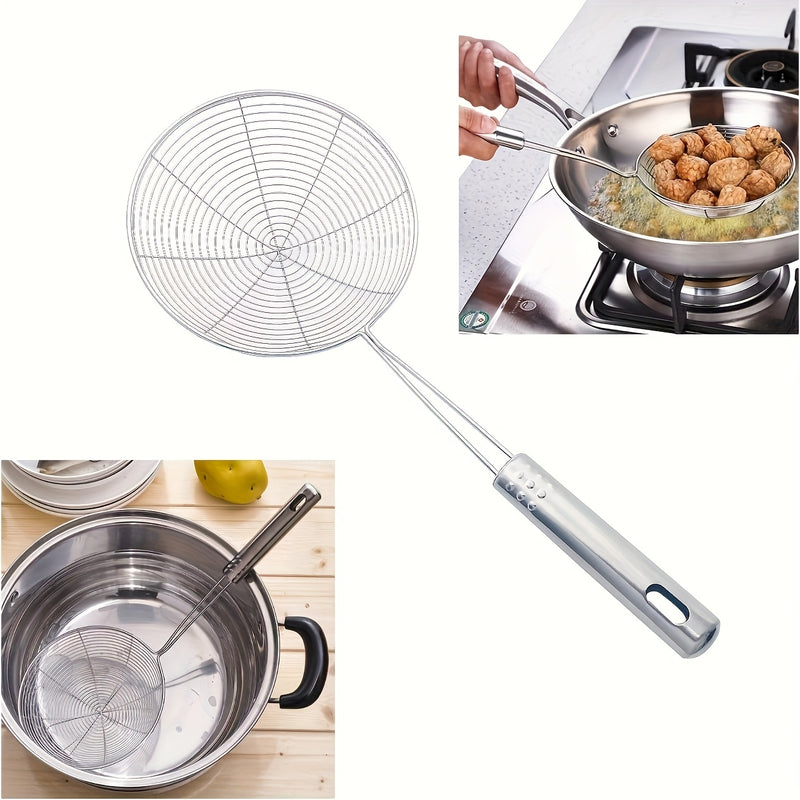 1pc cesta de malla de acero inoxidable con mango reforzado, filtro doble gancho para aceite, adecuada para fideos fritos, colador doméstico