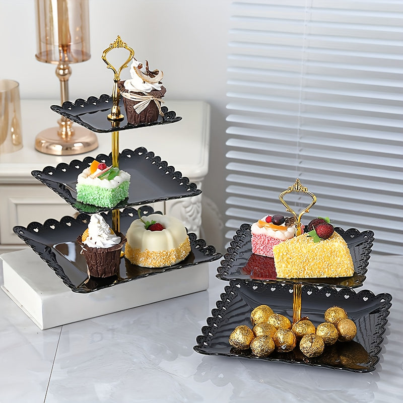 Juego de 6 piezas con 2 bases para cupcakes de 3 niveles, 2 bases para pasteles de 2 niveles y 2 bandejas - Set de repisa para postres en blanco/negro, ideal para cumpleaños, regalos para novias, fiestas, bodas, reuniones de té y buffets