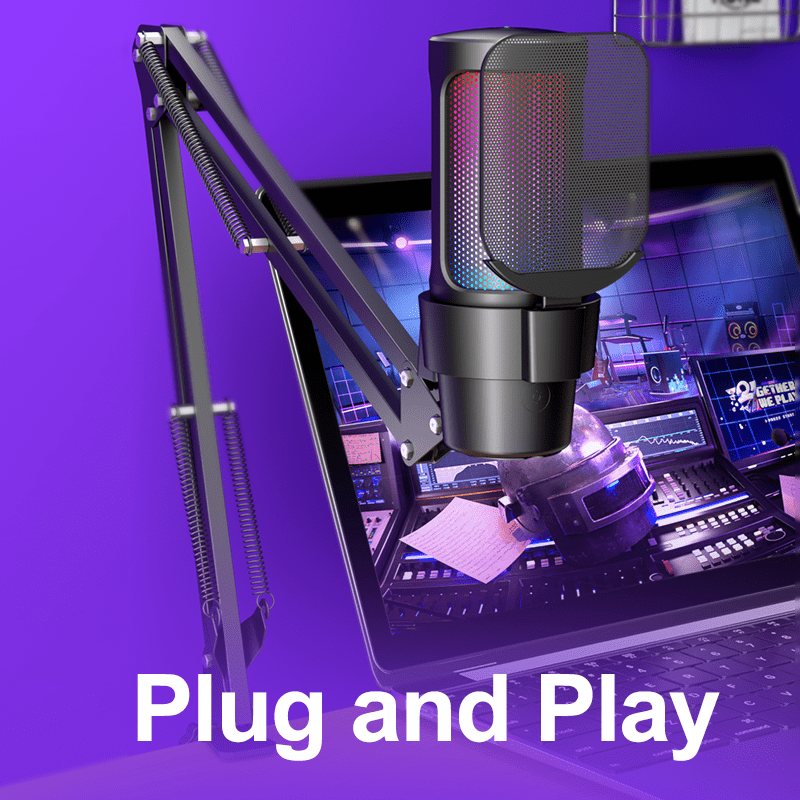 Kit de Micrófono de Escritorio USB Ajustable 360° Plug & Play con Condensador RGB, Silencio Rápido - Ideal para Juegos, Transmisiones en Vivo y Podcasting, Captación de Sonido Clara, Negro/Blanco, PVC, Micrófono para PC